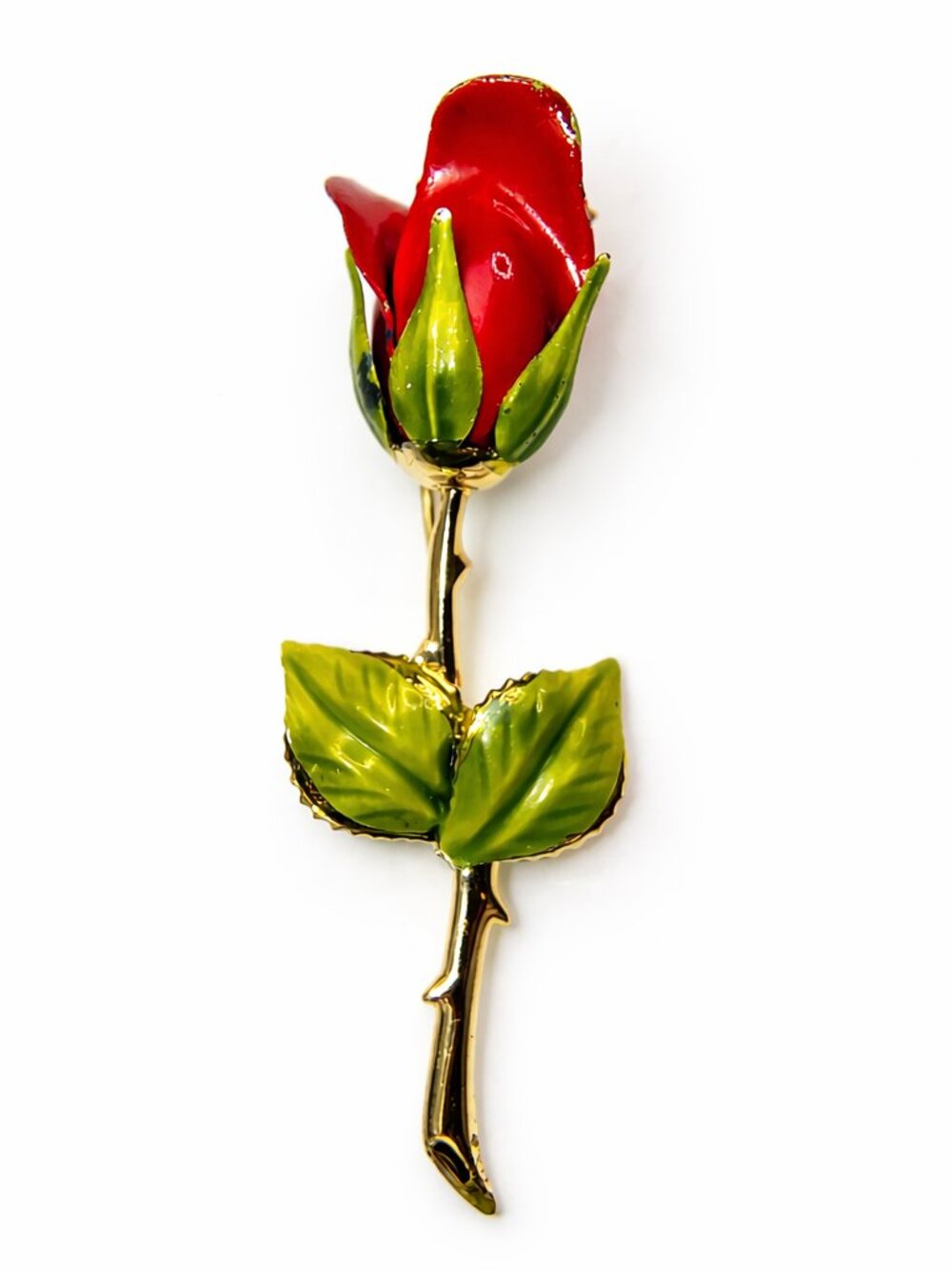 Red Enamel Rose Brooch Gold Tone Stem Green Leaves Floral Pin Vintage Style